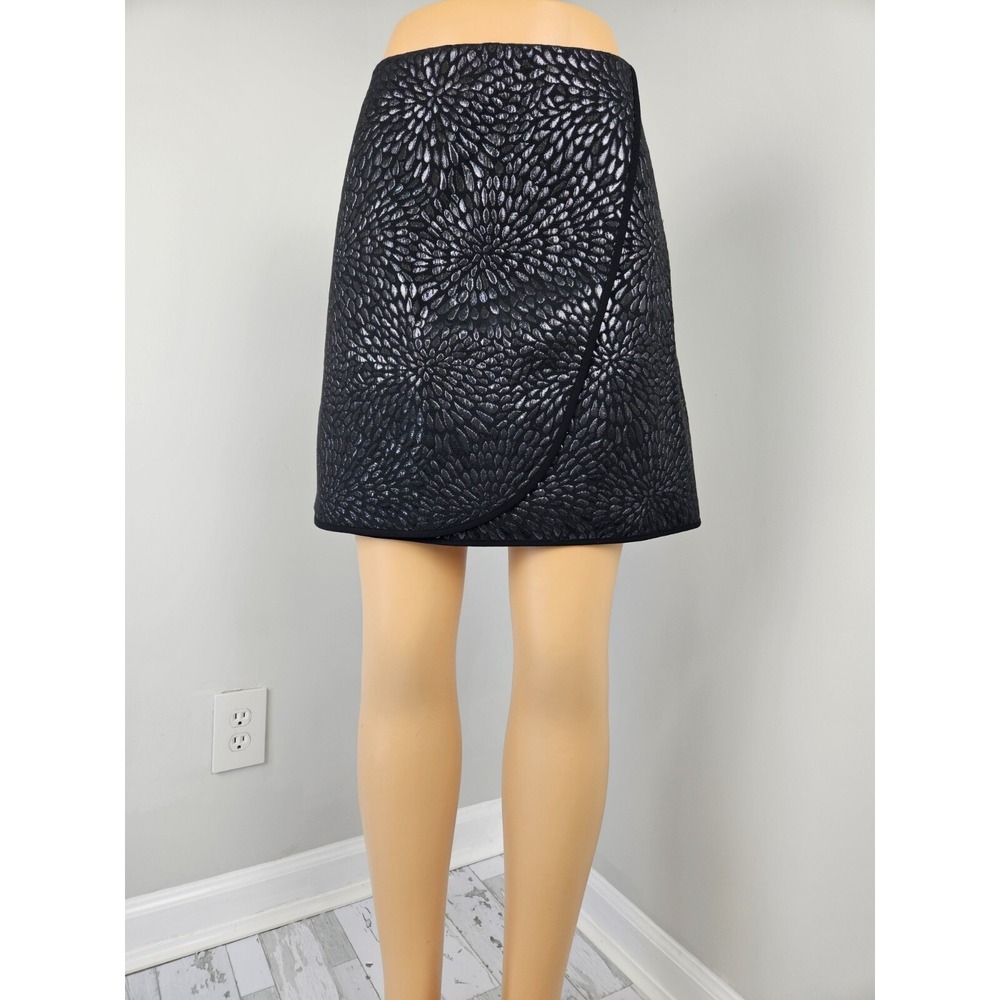 LOFT Petites Black Silver Metallic Floral Jacquard Faux Wrap Mini Skirt 12P